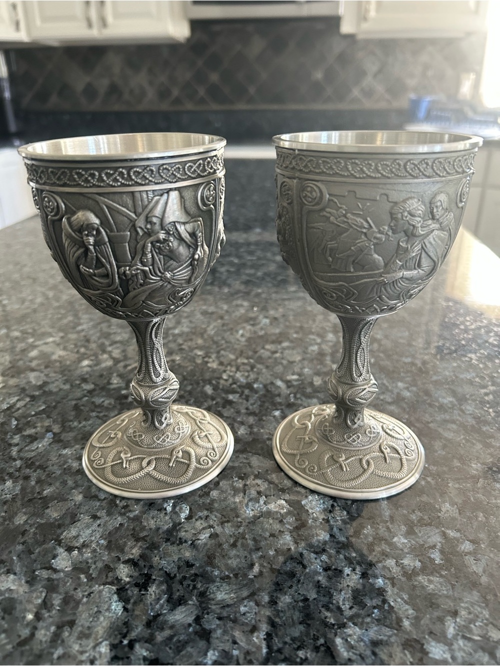 Morgane Le Fay Ornate Pewter Goblets in Silver Tone